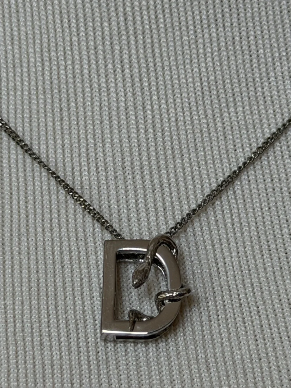 Saint Laurent YSL Sterling Silver D Initial Letter Snake Pendant Chain Necklace